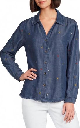 Multiples Roll Tab Cuffed Long Sleeve Drop Shoulder Shirt In Blue Multi