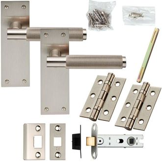 Loops Door Handle & Latch Pack Satin Nickel Modern Knurled Lever Square Backplate