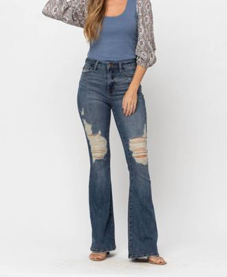 Judy Blue High Waist Destroyed Flare Jeans - Tall Length In Dark Wash