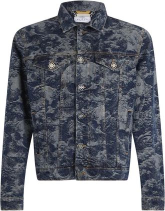 Philipp Plein Trucker Jacket All-Over Skull - Heren - Spijkerjassen - Blauw - 4XL - Denim - Jassen