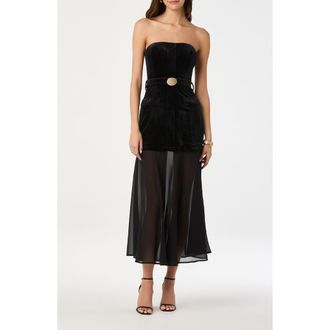 ASTR the Label Strapless Belted Semisheer Velvet Midi Dress in Black at Nordstrom Rack, Size Large