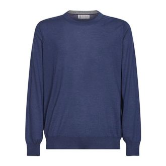 Brunello Cucinelli Brunello Cucinelli, Round-neck Knitwear, male, Blue, Size: L Ribbed Crewneck Sweater