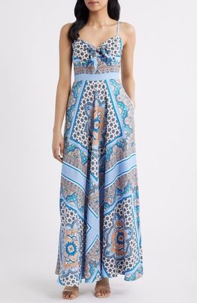 Eliza J Tie Front Maxi Sundress in Blue Multi at Nordstrom, Size 12