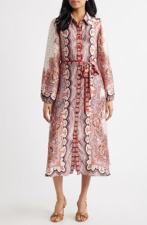 Julia Jordan Mixed Paisley Long Sleeve Midi Shirtdress in Rust Multi at Nordstrom, Size 10
