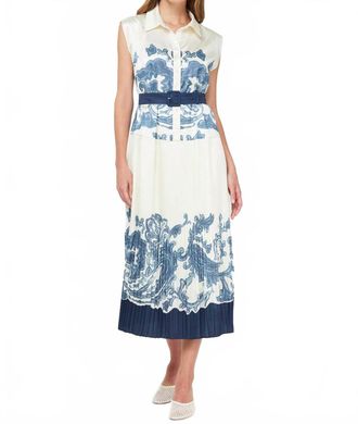 Current Air Printed Pleated Midi Shirt Dress In Navy
