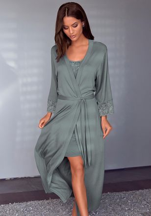 Lascana Kimono LASCANA, Damen, Gr. 32/34, blau (petrol), Single-Jersey, unifarben, Langform, Hausm&auml;ntel Kimono, mit edlen Spitzendetails