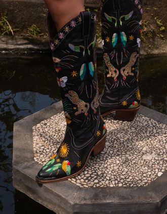 Oceanus Womens Willow Embroidered Leather Boots - Multi Colour - Black - Size: 10