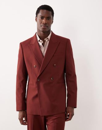 Asos Giacca da abito doppiopetto bordeaux vestibilità classica-Rosso