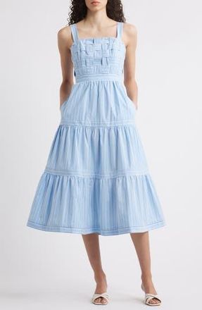 Eliza J Square Neck Basketweave Bodice Midi Dress in Blue White at Nordstrom Rack, Size 14