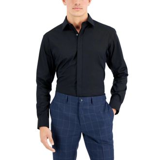 Alfani Dress Shirt Mens Black Stretch Regular Fit Convertible-Cuff FTS1669
