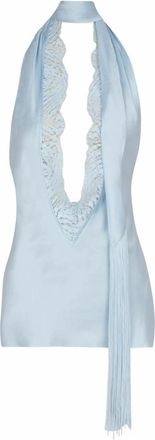Balmain Backless Fringed Satin Top - Dames - Tops zonder mouwen - Blauw - M - Tops