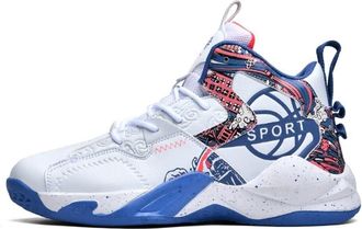 Generic Mens High Top Basketball Shoes with Cushioned Rebounding Durable Leather for Youth Sports Training Boots Walking Shoes(White Blue,3.5 UK)