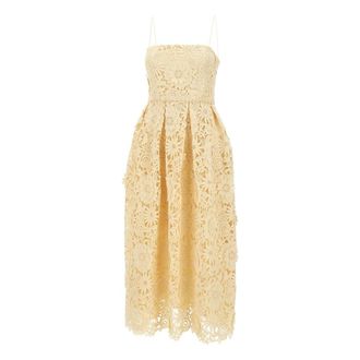 Rotate 3D Lace Flared Midi Jurk - Dames - Casual kleedjes - Geel - XS - Polyester - Kleedjes