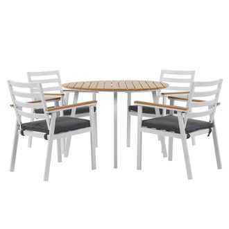 Beliani Conjunto De Jard&iacute;n 4 Plazas Mesa De Metal Aluminio Blanco Madera Clara Sillas Cojines De Asiento Gris Exterior Cavoli