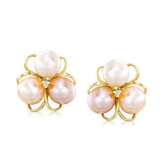 Ross-Simons 6.5-7mm Multicolored Cultured Pearl Flower Earrings With Diamond Accents in 18kt Gold Over Sterling