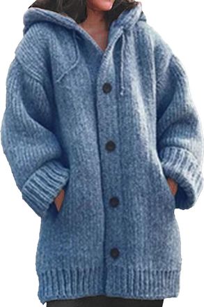 Generic Ladies Hooded Knit Cardigan Winter Sweater Coat Long Sleeve Pocketed Warm Outerwear Blue Small