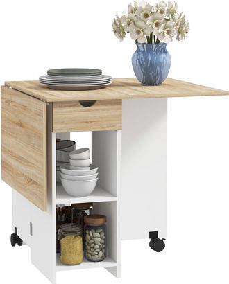 OEM Mesa De Cocina Plegable Con Ruedas Alas Abatibles Caj&oacute;n Y Estantes Para 2-4 Personas 120x72x75 Cm Roble Y Blanco
