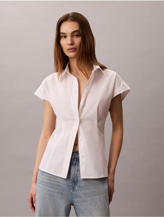 Calvin Klein Jeans Calvin Klein Womens Cotton Poplin Short Sleeve Button-Down Shirt - Open White - XL