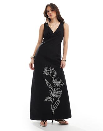 4th & Reckless linen look v neck floral embroidered maxi dress in black