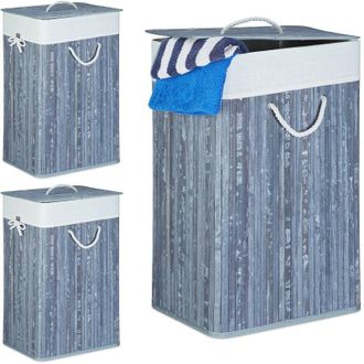 Relaxdays Relaxdays, Set 3x Bamboo Laundry Basket, with Lid, Rectangular, XL, 83L, Foldable Bin, HWD: 65.5 x 43.5 x 33.5cm, Grey