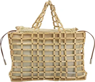 Ferragamo Wood Mesh Drawstring Canvas Beige Canvas Handbag (Pre-Owned)