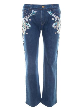 Roberto Cavalli crystal-embellished high-rise jeans - women - Cotton - L - Blue