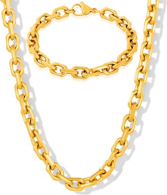 Crucible Jewelry Mens Beveled Edge Rectangular Link Gunmetal Bracelet and Necklace Set