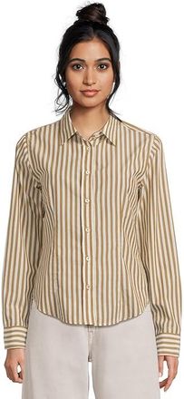 Lilla P Slim Fit Button-Down Womens Clothing Dijon/Talc Stripe : LG, Cotton