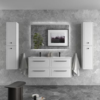 Cygnus Bath Mueble De Ba&ntilde;o Runa 120cm Blanco Mate 4 Cajones Lavabo Sobre Encimera 2 Pozas Porcelana