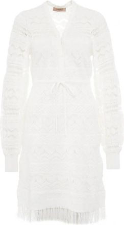 Twinset Korte Kanten Jurk met Franjes - Dames - Korte kleedjes - Wit - M - Leer - Kleedjes