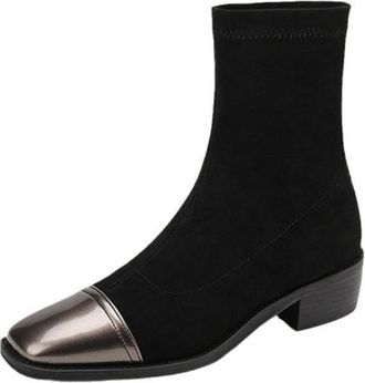 Generic Womens Black Faux Suede Sock Ankle Boots Square Toe Metallic Toe Cap Mid Block Heels Comfortable Non-Slip for Daily Commute Casual,Black,3.5 UK