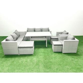Fimous Rattan Garden Furniture Set Outdoor 8 Seater Patio Dinin g Sofa Sets with Dining Table 2 Chairs 3 Footstools Light Grey Mixed - Fimous