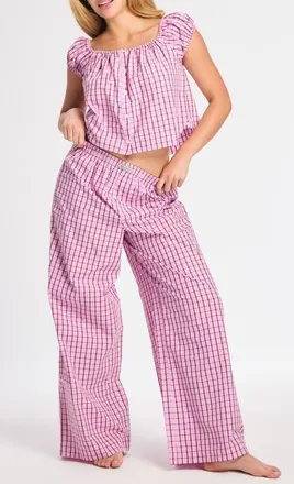 Savage x Fenty Kickback Casuals Cap Sleeve Sleep Top in Tulip Pink Plaid Behavior at Nordstrom, Size X-Small