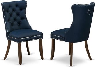 East West Furniture Parson Chairs - Navy Blue faux leather Upholstered, Set of 2, Antique Walnut