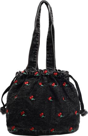 Generic Women Denim Shoulder Bag Embroidered Cherry Underarm Bag Drawstring Handbag Jean Hobo Bag Commuting Shopping Bag (Black)