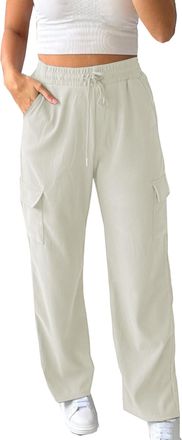 Generic Womens High Waist Stretch Fit Wide Straight Leg Cargo Pocket Combat Pants - Beige Black Grey Khaki Navy Wine - Small - X/Large (Off-White, L/XL, Relax