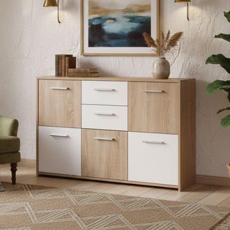 Dmora Dmora Buffet Avec Cinq Portes Et Deux Tiroirs Dans La Partie Centrale, Couleur Blanc Et Ch&ecirc;ne, Dimensions 115 X 77 X 30 Cm