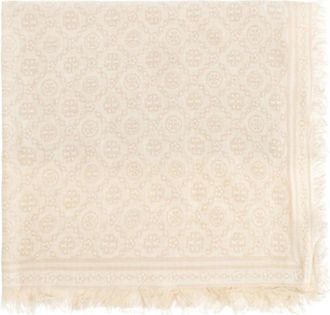 Tory Burch Accessoires, Dames, Wit, ONE Size, Wol, T Monogram Sjaal met Franjes