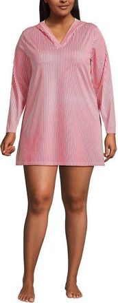 Lands End Plus Size SunShade UPF 50 Hooded Mini Swim Swim Cover-Up Dress in Wood Lily Mini Stripe at Nordstrom, Size 2X