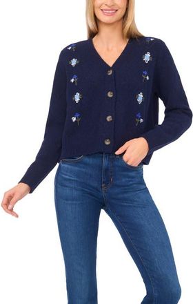 CeCe by Cynthia Steffe Floral Embroidered Pointelle Stitch Cardigan in Classic Navy at Nordstrom, Size Xx-Large