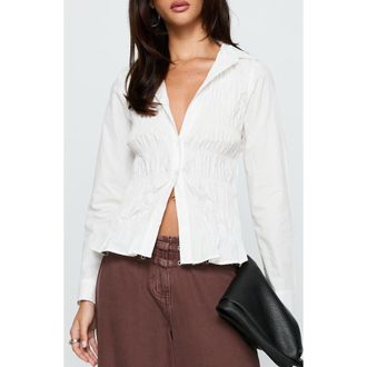 Princess Polly Cultivate Shirred Cotton Button-Up Shirt in White at Nordstrom, Size 10