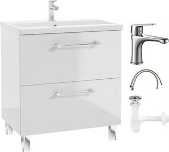 OEM Conjunto De Mueble De Ba&ntilde;o Con Lavabo, Grifo Y Sif&oacute;n De 80 Cm, De Pie, Blanco Brillante Cassandra