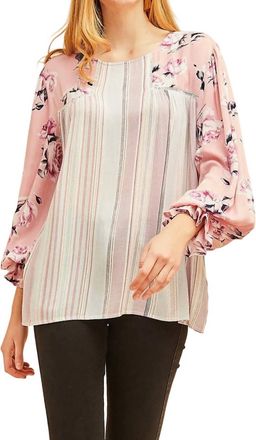 Entro Striped Floral & Lace Blouse In Blush