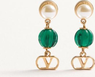 Valentino Garavani Orecchini VLogo Signature In Metallo, Perle E Vetro Godronato Donna ORO/VERDE UNI