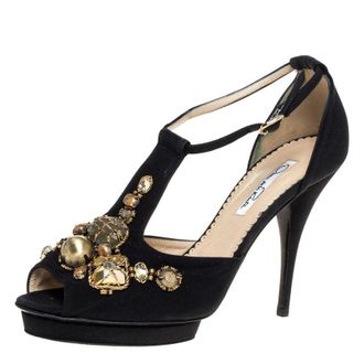 Oscar De La Renta Oscar De La Renta Black Fabric Embellished Platform Ankle Strap Sandals