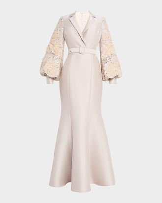 Badgley Mischka Embellished-Sleeve Mermaid Shirt Gown
