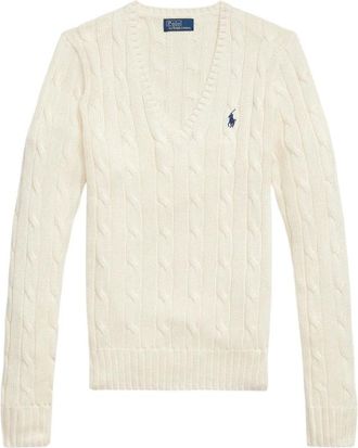 Ralph Lauren Truien & Vesten, Dames, Wit, S, Katoen, Trui met V-hals van Katoen met Kabelsteek
