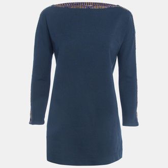 M Missoni Navy Blue Cotton Blend Knit Buttoned Sleeve Detail T-Shirt