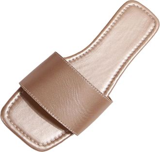 Generic Womens Sandals & Slides UK Faux Leather Flat Sandals Open Square Toe Slip On Slippers Outdoor Peep Toe Pool Beach Sandal Solid Color Backless Mules Fa