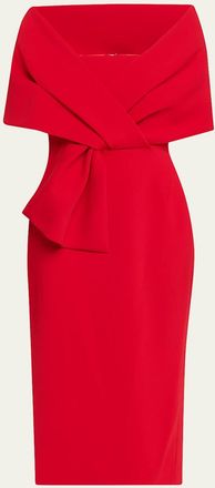 Badgley Mischka Square-Neck Pleated Wrap Midi Dress